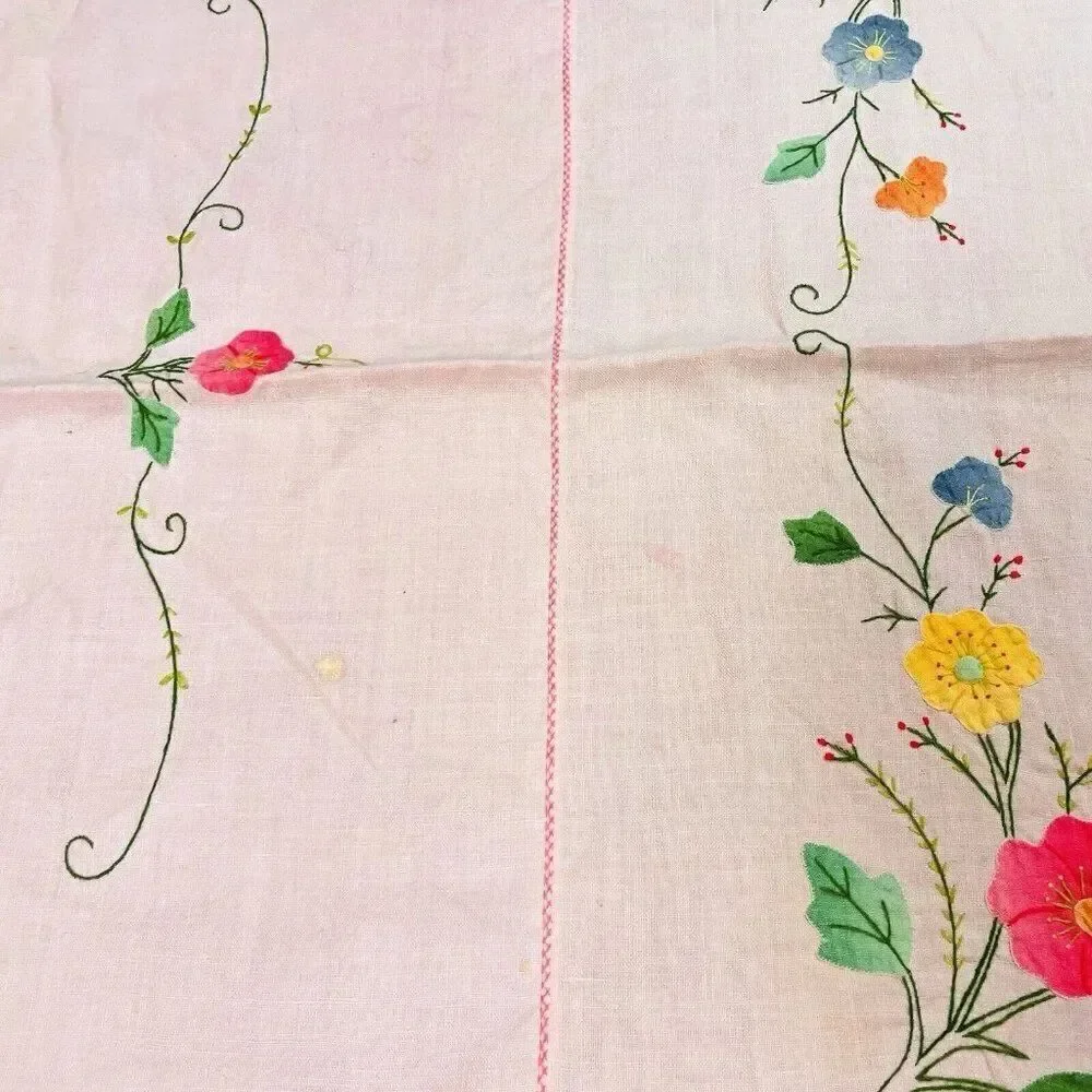 Vintage Handmade Pink Square Embroidered Floral Tablecloth 42 x 41 Appliqué Cute